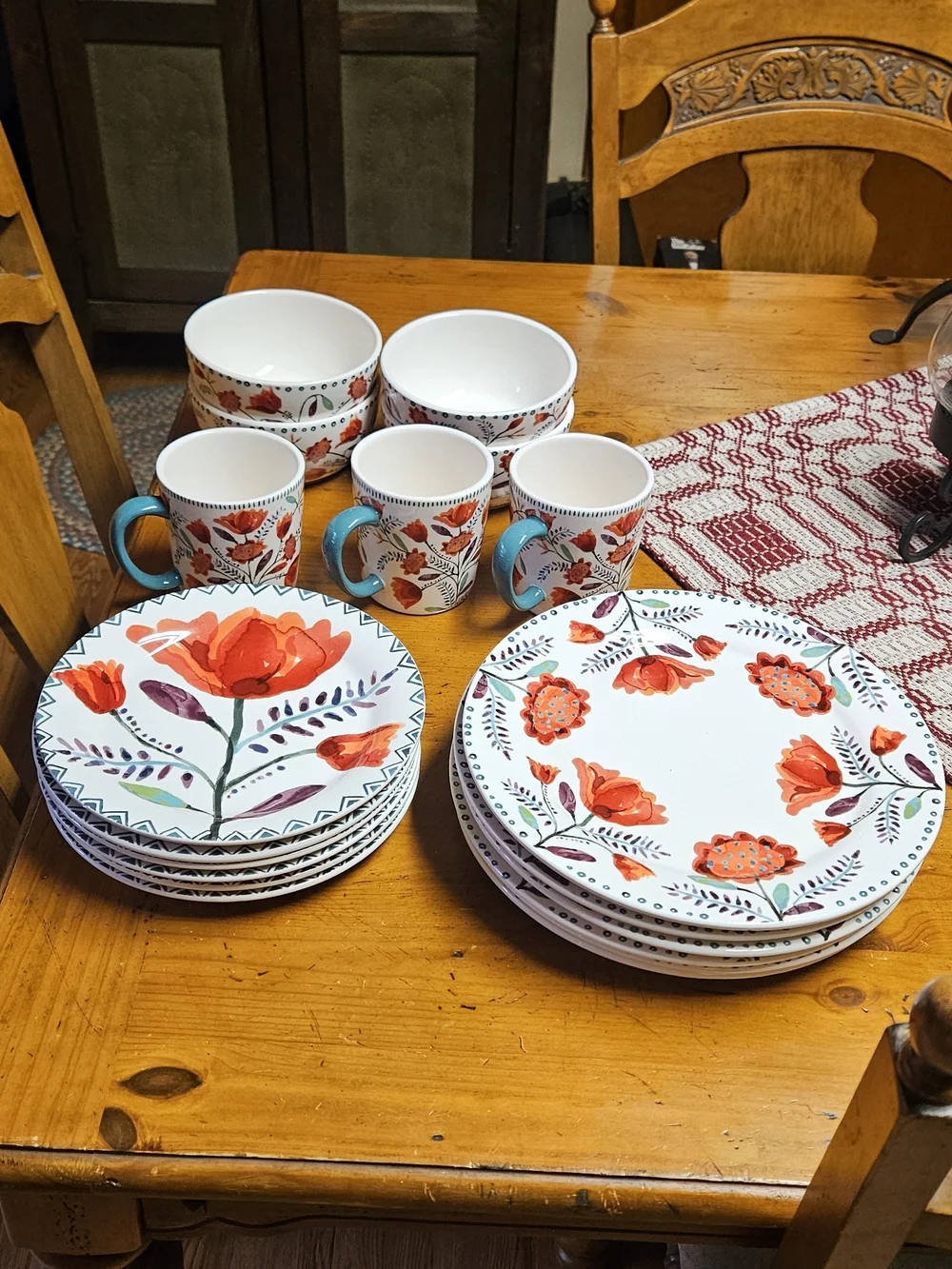 Pier 1 Ayana Stoneware Red Poppy Dinnerware Set with Turquoise Handles